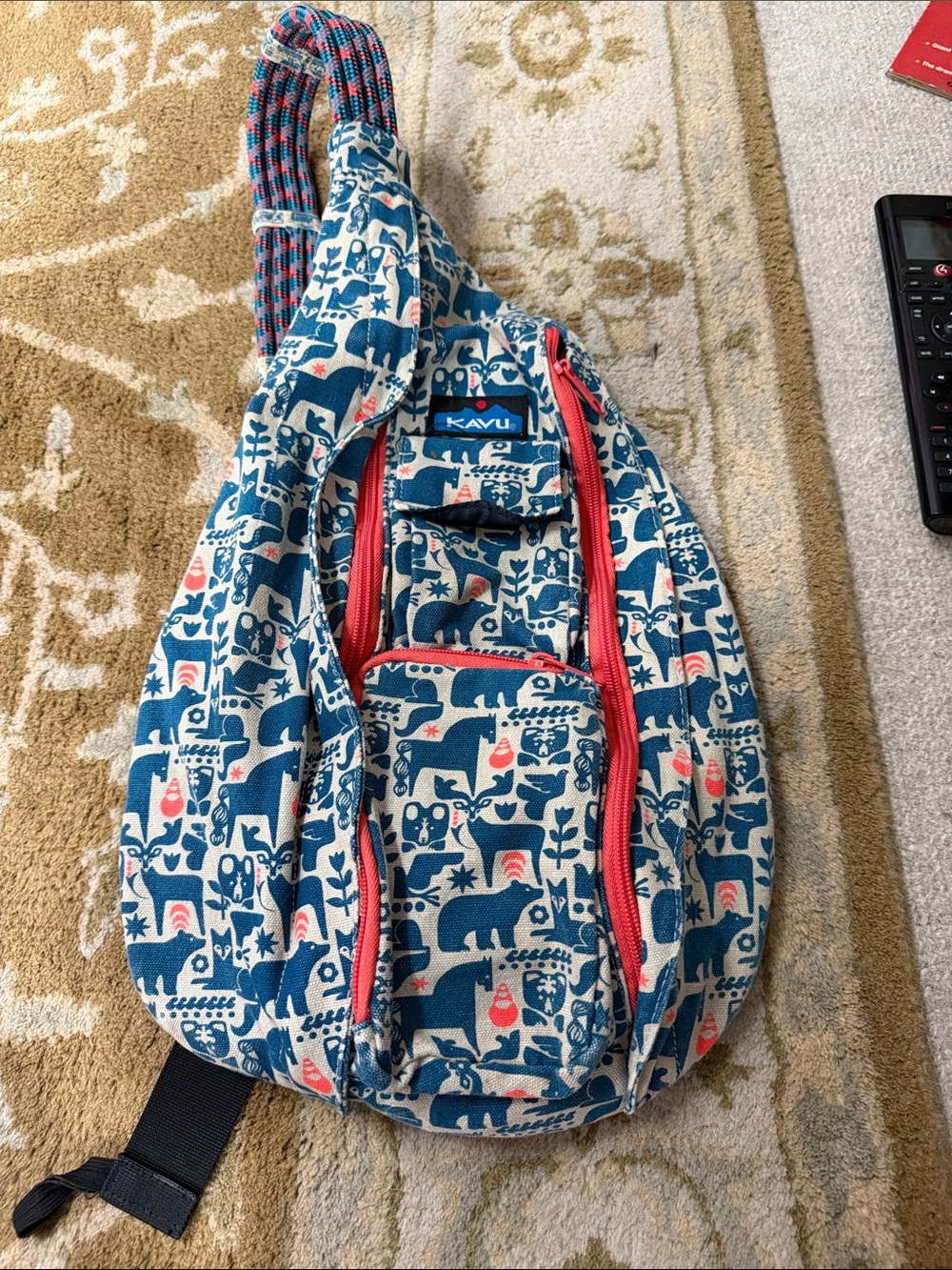 Kavu Sling Bag in Blue and Coral Animal Pattern